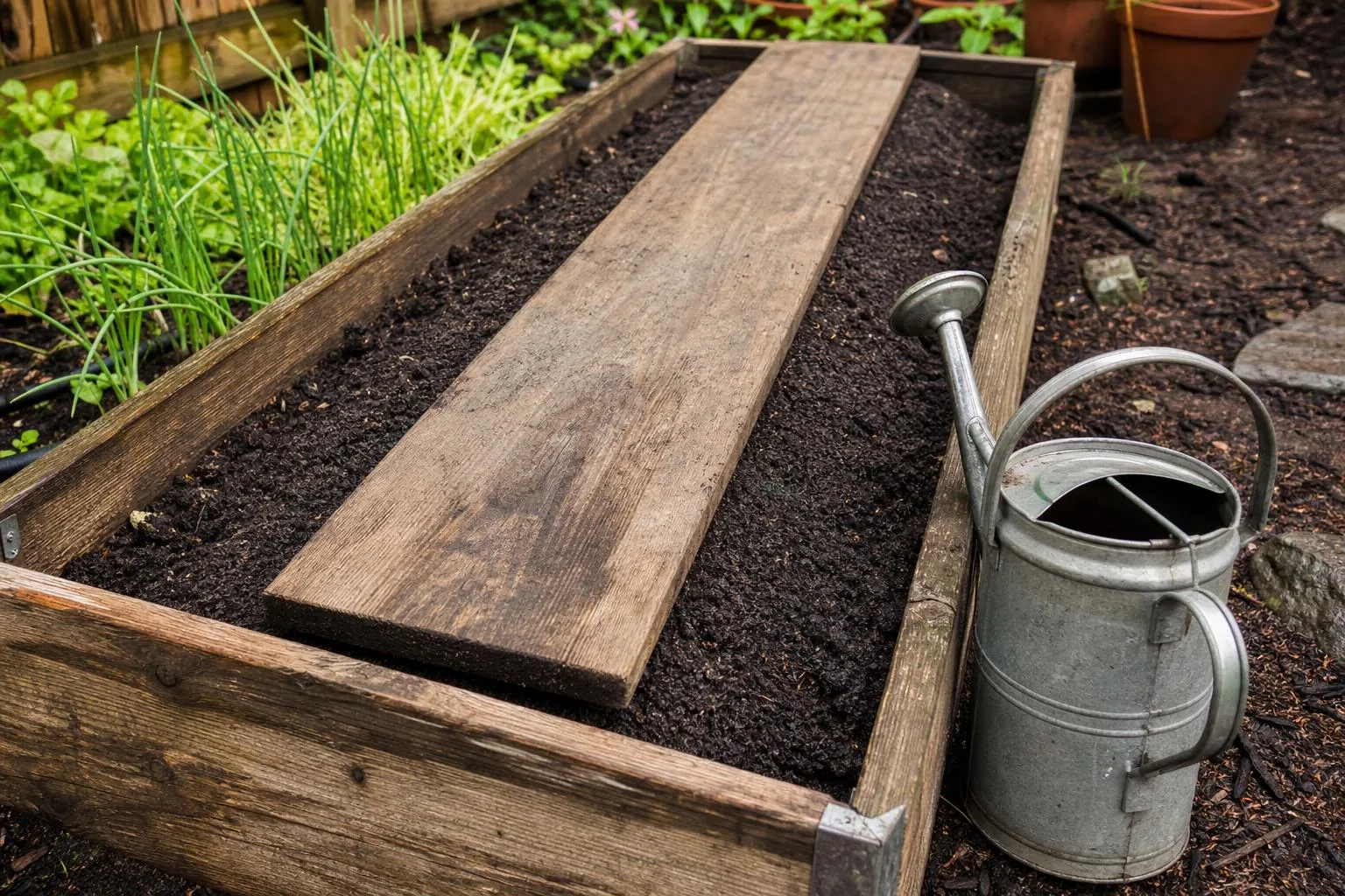 Wooden board covering a newly sown seed row to keep soil cool for summer germination