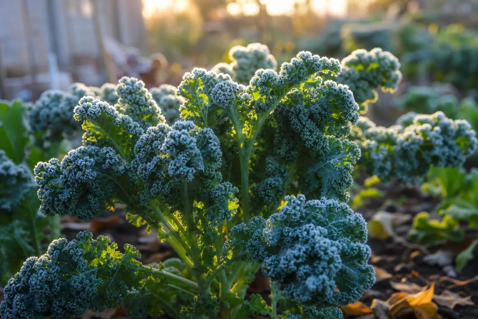 Frost-covered kale leaves in a fall garden, sweetened by cold weather