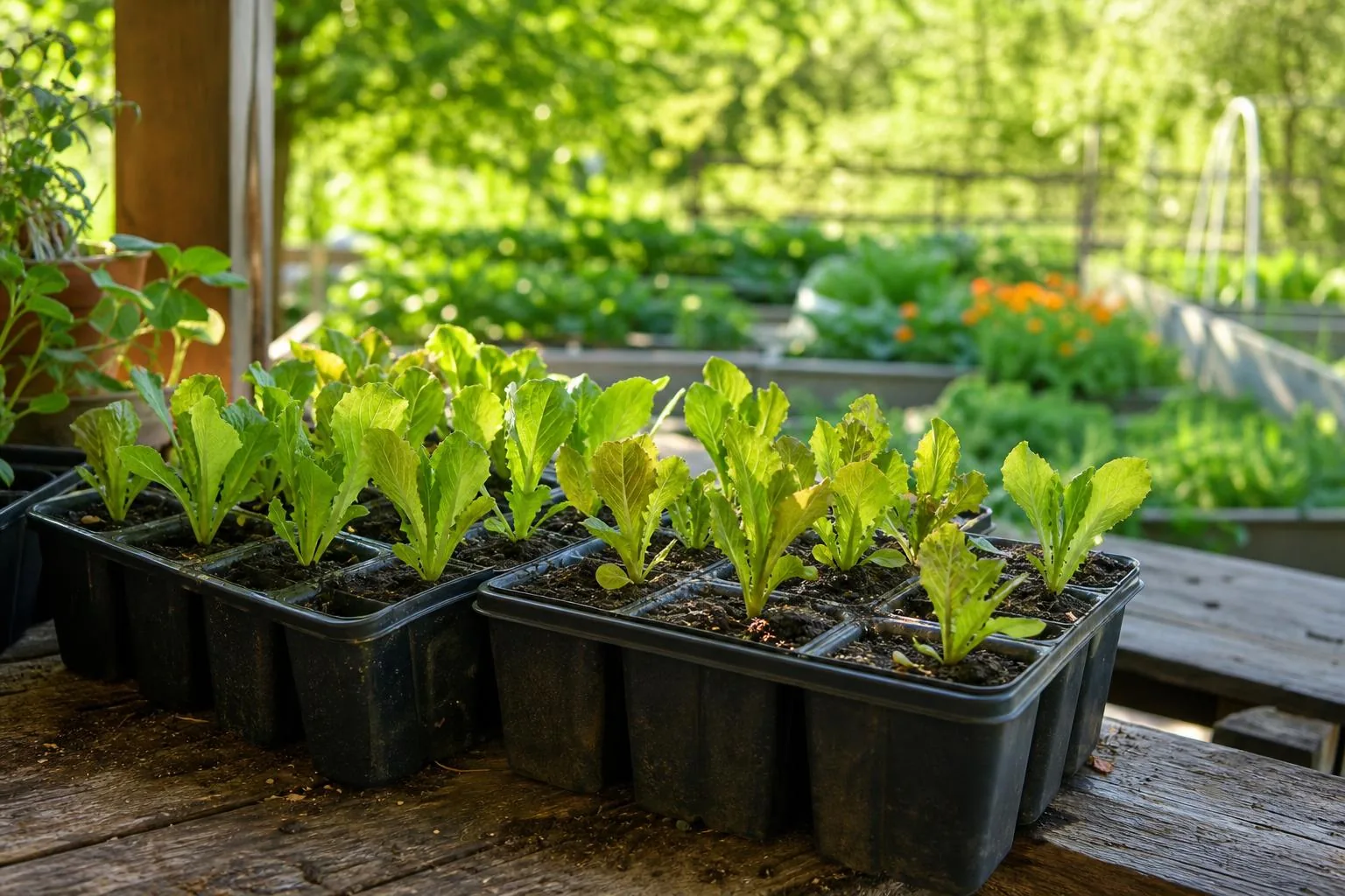 Lettuce seedlings started indoors hardening off before August transplanting